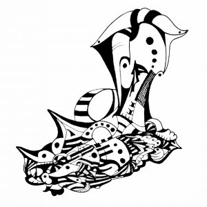 The Tinkerer’s Ray gun — black ink line drawing