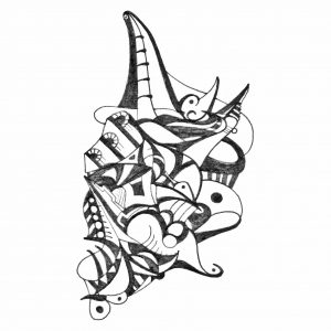 Winged Reverie — black ink line drawing