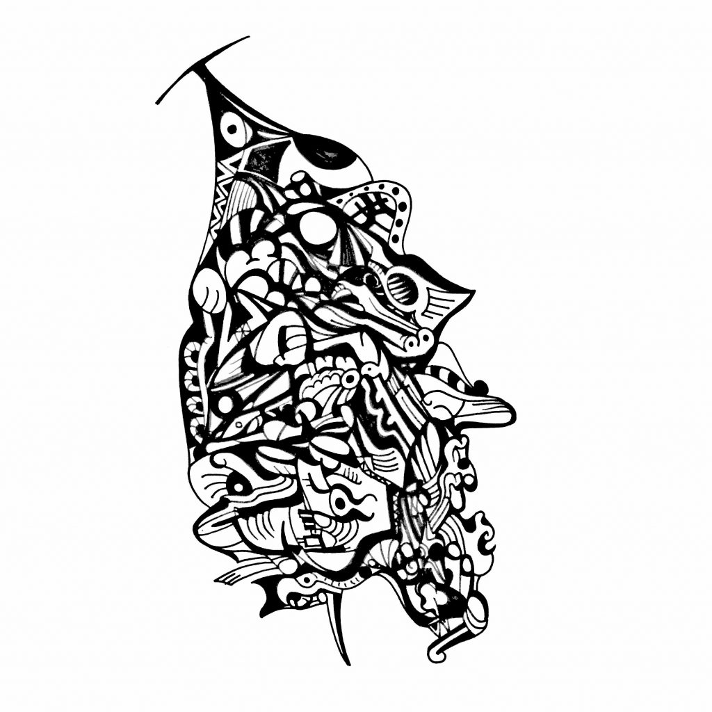Menagerie in a Glass — black ink line drawing